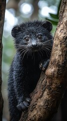 HD Phone Wallpaper Adorable Binturong Cub Climbing Tree Trunk in Rainforest Habitat