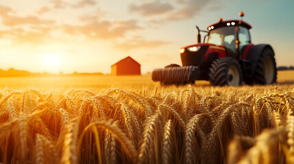 Fototapeta premium A tractor harvests golden wheat fields at sunset, showcasing the beauty of agriculture and rural life.