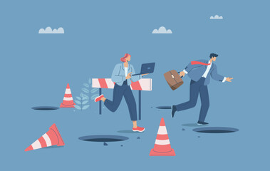 The traps business of organization or company, Avoiding obstacles, Business team running through pits and barriers to business success, Organization skills and capabilities to achieve victory.