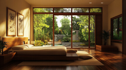 Modern bedroom with large windows and wooden floor, surrounded by nature