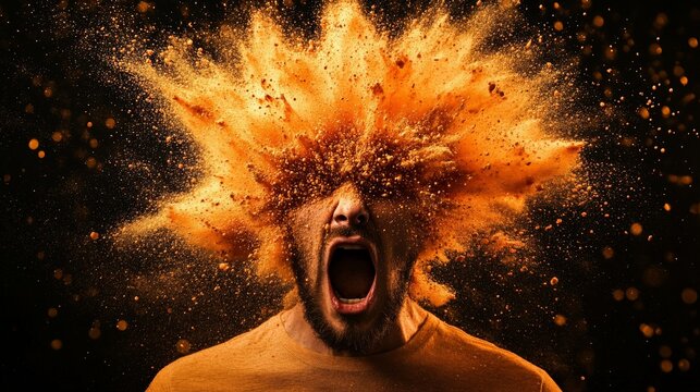 Man experiencing burnout and stress with orange powder exploding from his head, symbolizing information overload and mental health challenges