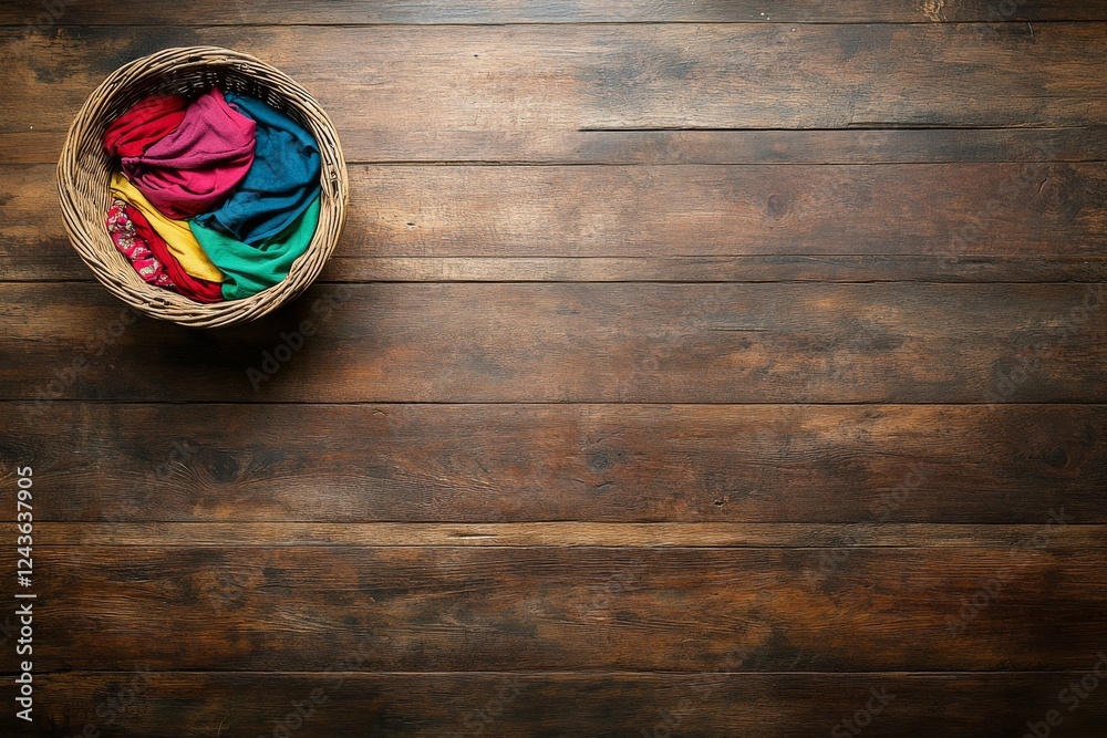 Poster brightly colored clothes are folded inside a wicker basket, surrounded by soft natural light that en