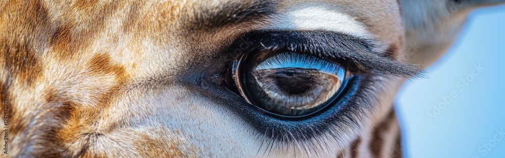Poster macro view highlighting the intricate details of a giraffe's face during a sunny afternoon in a wild