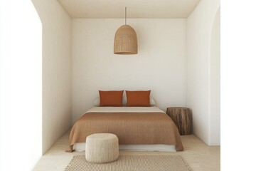 Minimalistic bedroom design with warm earth tones, featuring a stylish bed, textured throw pillows, and natural decor elements for a cozy ambiance