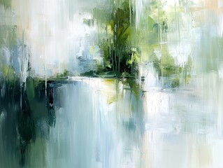 Impressionist painting of trees reflecting on calm water.