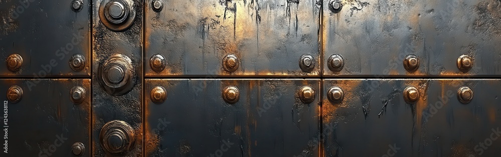 Poster Metallic surface with deep gray tones showcasing rust and rivets captures the essence of industrial design and texture