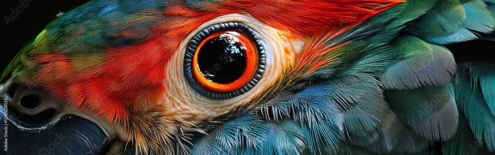 Poster Close-up view of a vivid lorikeet's face displaying vibrant colors and striking features in natural habitat