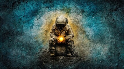 Fototapeta premium Astronaut discovering light in cosmic landscape space digital art surreal atmosphere close-up exploration and discovery