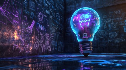 Luminous blue light bulb illuminating a creative workspace with colorful drawings on dark walls