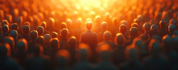 Individual standing out, illuminated in a crowd, glowing aura symbolizing selfpromotion and personal branding, modern, professional atmosphere, ultrarealistic, 8K