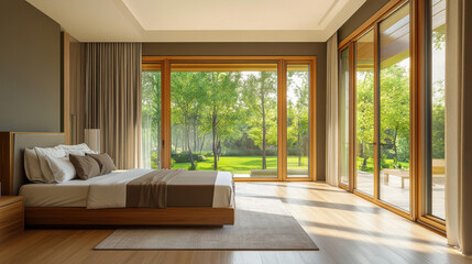 Fototapeta premium Modern bedroom with large windows and wooden floor, filled with natural light
