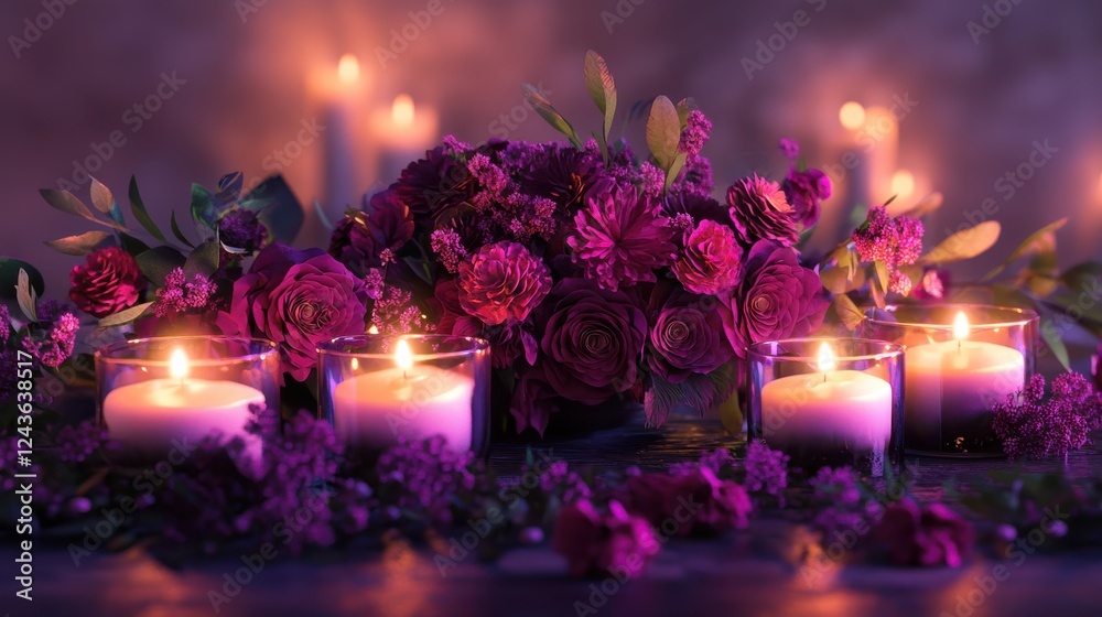 Poster harmonious blend of peaceful floral arrangements surrounded by warm candlelight in an intimate setti