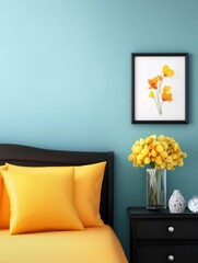 Serene Bedroom Decor with Yellow Accents - A tranquil bedroom scene featuring a bed with yellow pillows and bedding