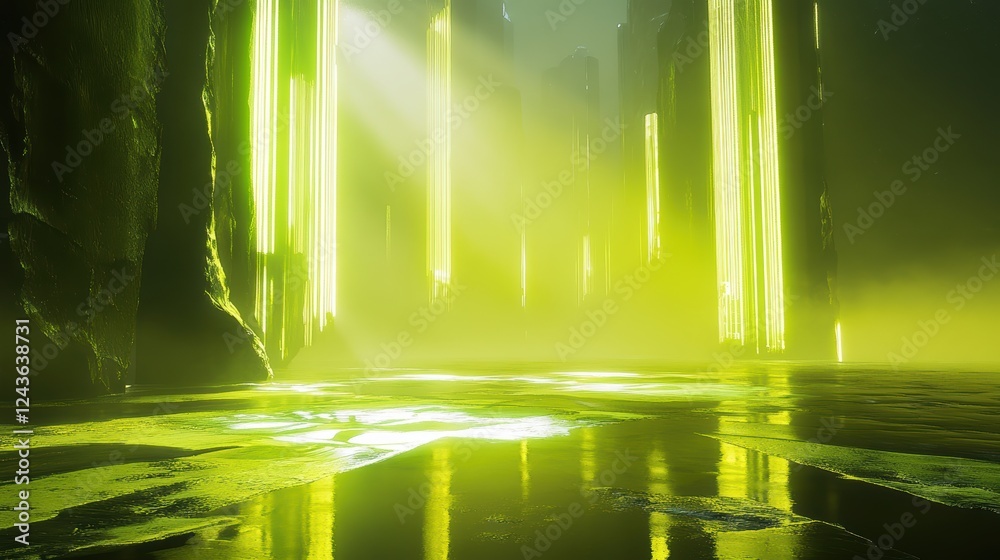 Aufkleber glowing lime-green and yellow light fills a misty environment at twilight, creating a surreal atmosp