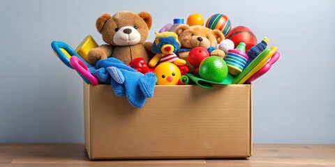 Obraz premium Colorful charity donation box overflowing with an abundance of toys , fundraising, toy, fundraising, toy