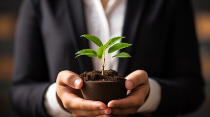 Businessperson Holding a Small Green Plant in Soil Representing Growth and Sustainability