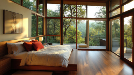 Fototapeta premium Modern bedroom with large windows and wooden floor, filled with natural light