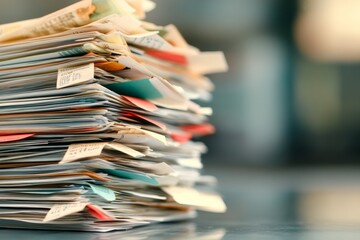 A pile of past-due notices stacked high on a desk