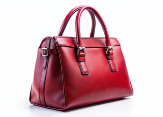 Naklejka premium Stylish Red Leather Handbag, Side View, White Background - Panoramic Stock Photo