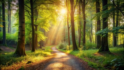 Obraz premium Forest Path Under Sunlight Filtering through Trees, winding path, natural light