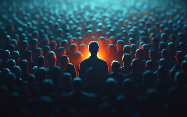 Obraz premium One individual highlighted in a sea of people, glowing spotlight symbolizing selfpromotion and personal branding, professional energy, futuristic urban backdrop, 4K