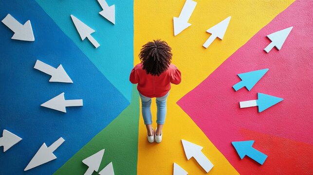 Young woman standing on a vibrant, multi colored surface with arrows pointing in different directions, representing choices, decisions, and career paths