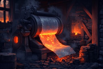 A pixel art thief forging counterfeit coins in a dimly lit dungeon, with animated sparks flying from a medieval printing press