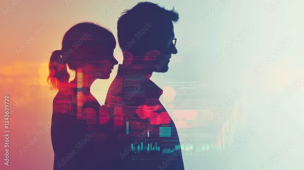 Poster dynamic double exposure capturing a family blending with vibrant cityscapes and digital elements at 