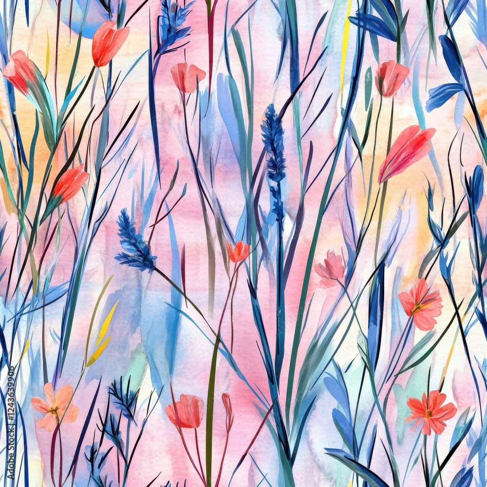 Poster colorful watercolor doodle of wildflowers and grasses creating a dynamic and playful atmosphere in a
