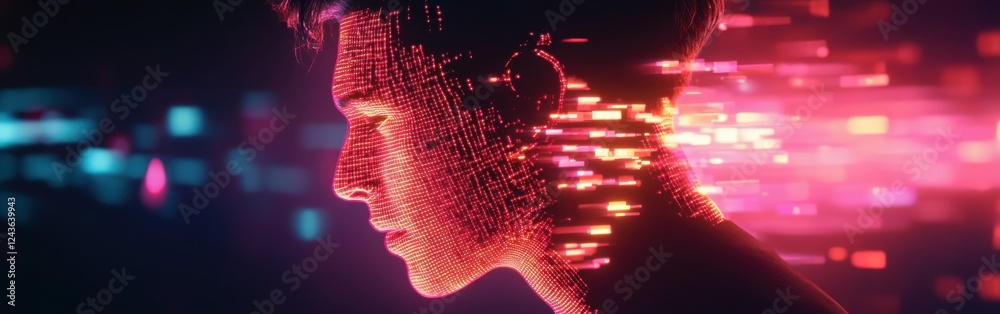 Poster Dynamic portrayal of a man's profile filled with vibrant digital patterns in an abstract setting
