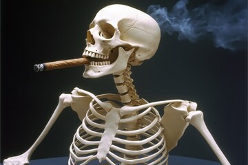 A skeleton holding a cigar with smoke rising against a dark background.