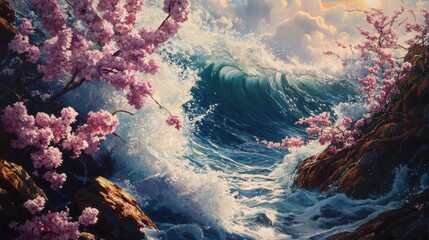 Dynamic waves crashing against rocky shore adorned with blooming cherry blossoms at sunset