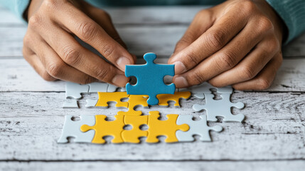 Hands doing tasks, Hands placing a blue puzzle piece onto a colorful arrangement on a wooden surface.