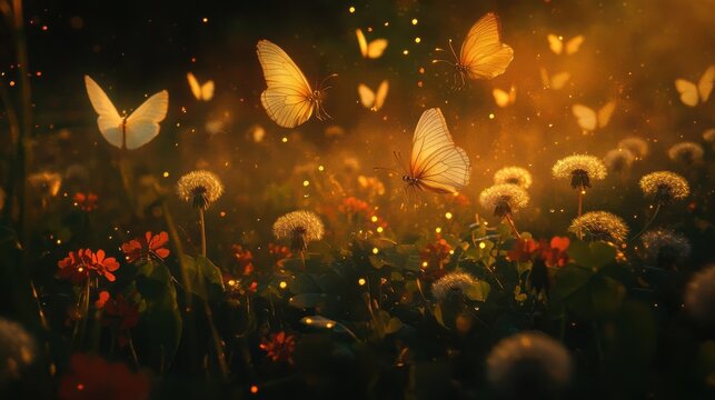 Fototapeta Dreamy spring setting filled with fluttering butterflies amid blooming flowers and dandelions during golden hour