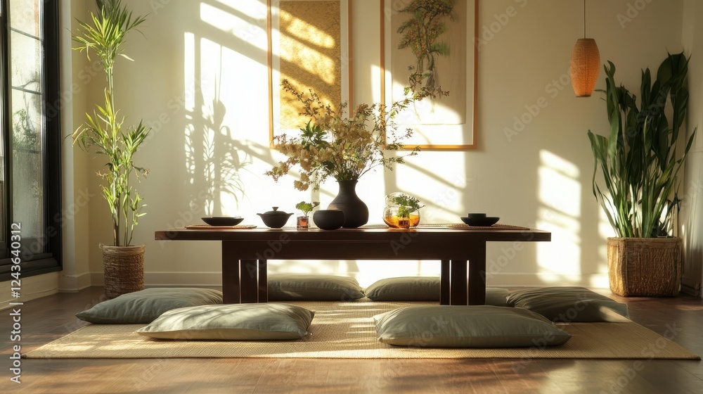 Poster Dining area features low table with floor cushions and natural light in a serene setting