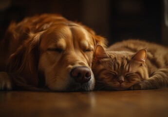 Golden retriever dog peacefully sleeps next to ginger cat in warm indoor setting, showcasing friendship and comfort between two beloved pets