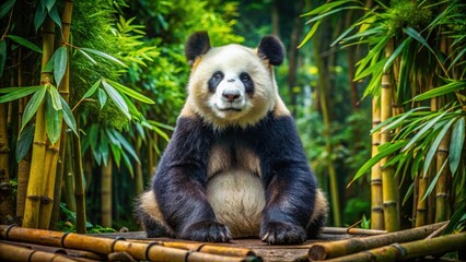 Obraz premium Adorable giant panda bear sitting in a cozy enclosure surrounded by bamboo trees and lush greenery , bamboo, nature, bamboo