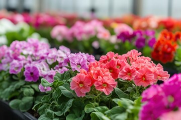 Automated irrigation systems enhance flower bed cultivation in vibrant greenhouse setting