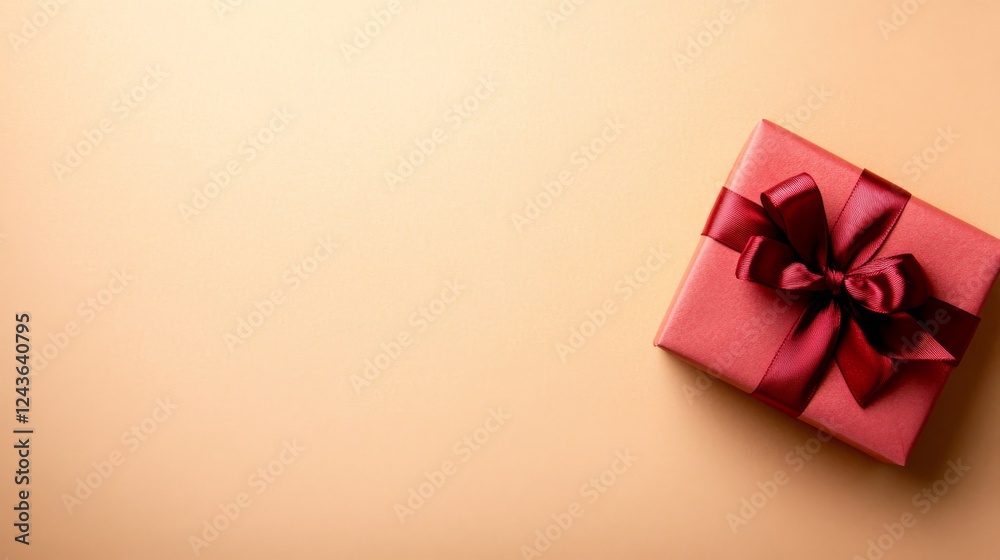 Poster top-down view of a colorful gift box tied with a shiny ribbon on a pastel yellow surface, featuring 