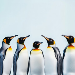 Fototapeta premium group of penguins standing together, showcasing their unique features and colors. Their posture suggests sense of unity and communication among them