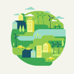 Vector flat illustration eco city landscape with green hills, lake, trees, solar panels and wind turbines. Modern city with eco energy. Sphere shape