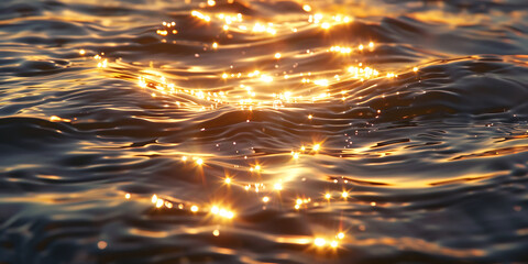 Glittering sunlight reflects off gently rippling water, creating a shimmering golden surface.

