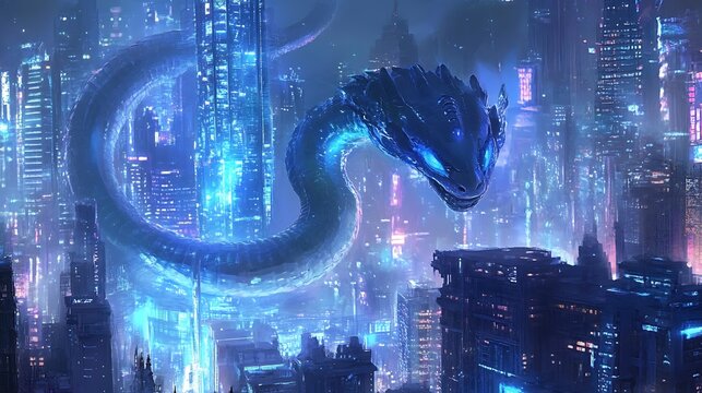 A holographic serpent coiling around a glowing futuristic skyscraper