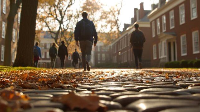 University campus buildings with students walking, showcasing vibrant academic life and the pursuit of knowledge in a dynamic educational environment.