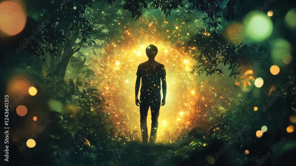 Aufkleber man glowing in a mystical forest surrounded by sparkling lights and an enchanting atmosphere during 