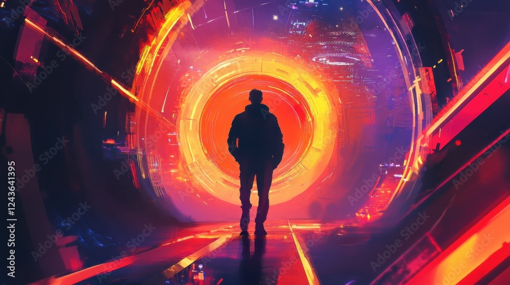 Poster Man illuminated in a futuristic setting with vibrant glowing colors and an abstract circular background