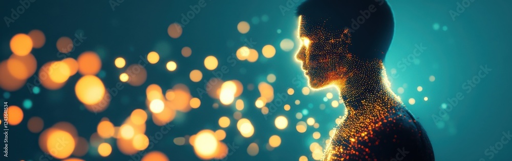 Leinwandbilder Man emanating glow surrounded by luminous particles in a conceptual exploration of light and human form