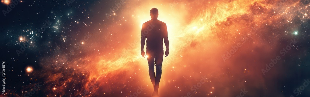 Aufkleber man radiates light amidst a cosmic background, symbolizing transformation and enlightenment in a ser