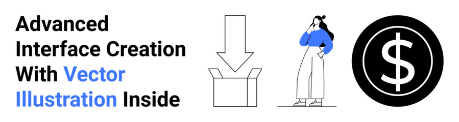 Woman in thoughtful pose, box with downward arrow, dollar symbol emphasizing innovation, digital products, user engagement, e-commerce, creativity, investment. Ideal for web design SaaS platforms