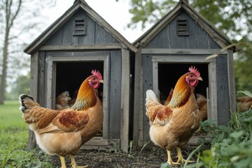 Close-up view of hen houses with laying hens roaming freely on a farm